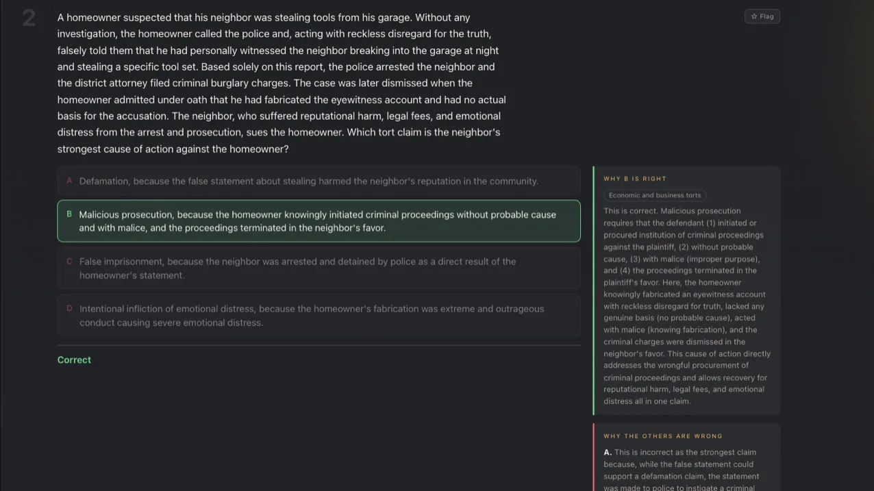 A Drill multiple-choice question on a malicious prosecution fact pattern, with the correct answer highlighted and a panel explaining why it is right and why each other option is wrong